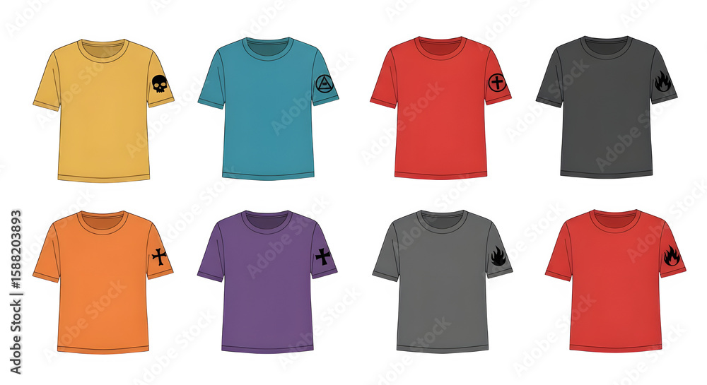 Collection of eight t shirts with graphic symbols isolated on transparent background Collection of eight t shirts with graphic symbols isolated on transparent background