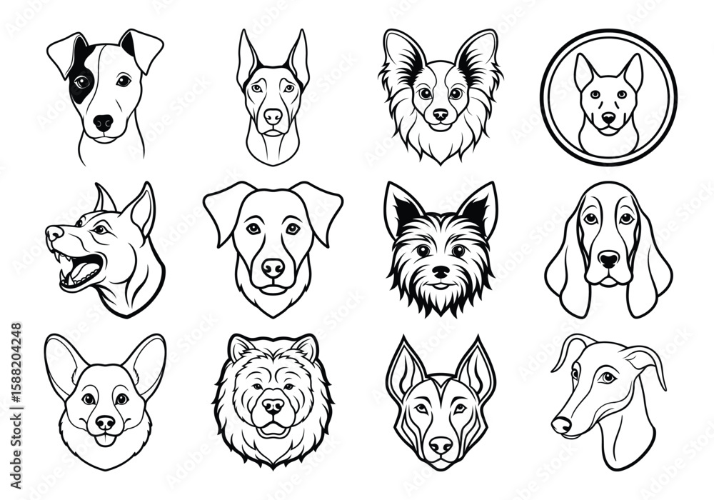 Obraz premium The silhouette Vector Hand-Drawn Dog Breed Faces Collection in Black and White Line Art on white background