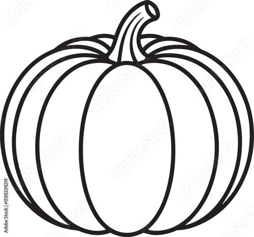 Simple black and white outline drawing of a pumpkin with a stem