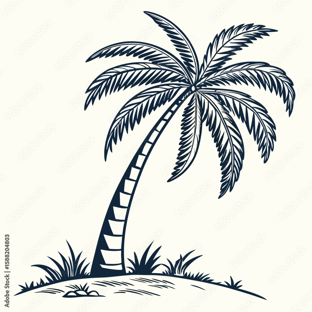 Obraz premium Tropical Palm Tree Silhouette on Sandy Island Beach with Lush Green Grass