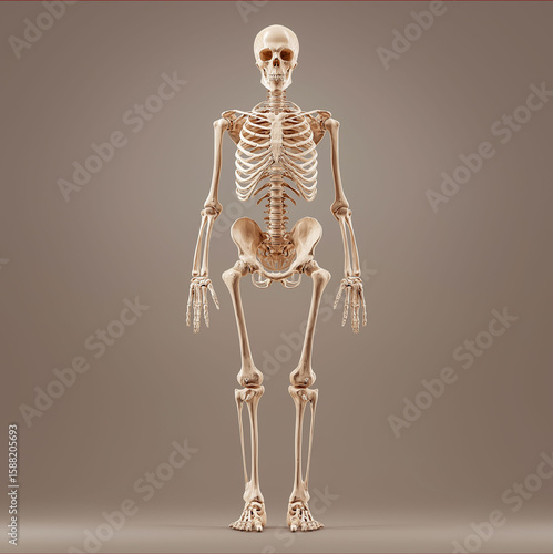Anatomical Human Skeleton, Full Body, Neutral Pose, 3D Render, Medical Illustration, Light Beige, Studio Shot
