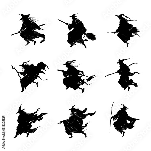 Mystical Silhouettes: Witches and Wizards Soaring