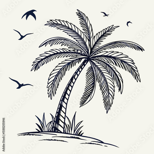 A Tropical Island Paradise Scene with a Palm Tree and Flying Birds