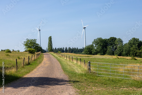 Rural path lined with wooden fences and green fields, ending in a grove. Tall wind turbines dominate the background, blending technology with countryside life