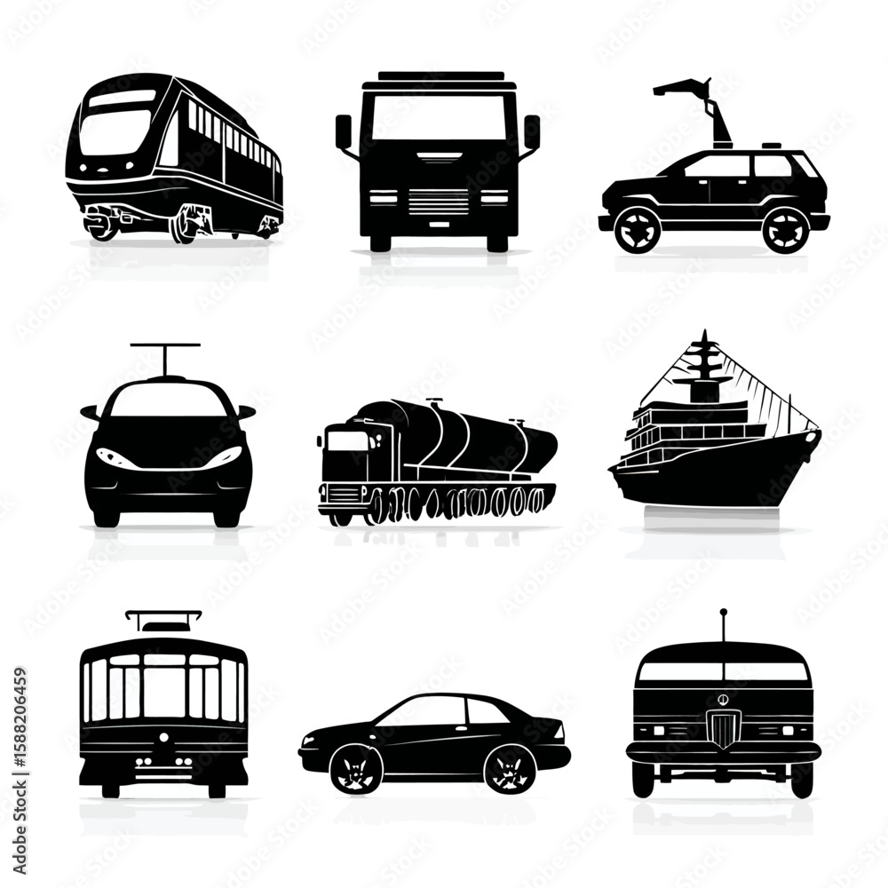 Obraz premium Diverse Transportation Vehicles Silhouette Set