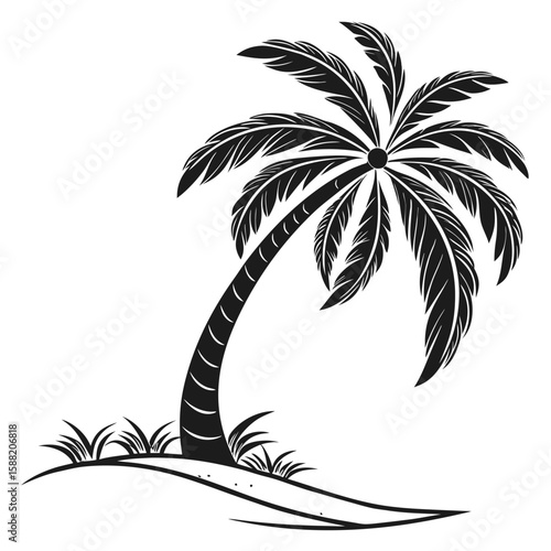 Stylized illustration of a tropical palm tree on a sandy shore with grass