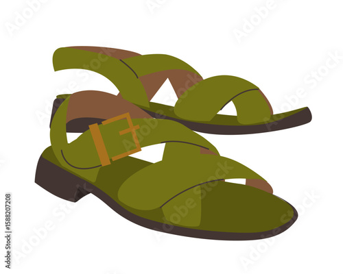 Casual women's elegant shoe wardrobe. Female fashion footwear green sandals with crosswise straps footgear. Colored vector illustration of women's open shoes isolated on white background. Modern desig