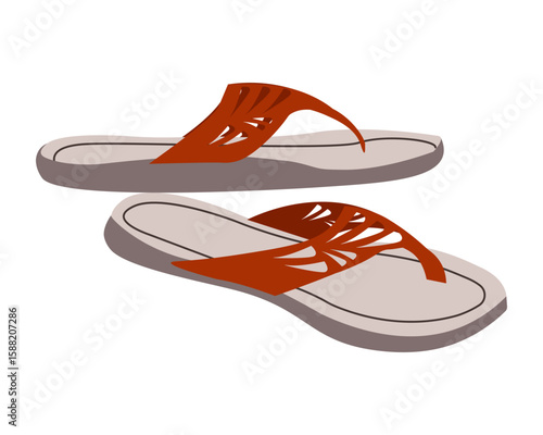 Casual women's shoe wardrobe. Summer slippers, sandals, flop flip shoes. Beach footwear accessories. Female footwear. Colored vector illustration of women's open shoes isolated on white background. 