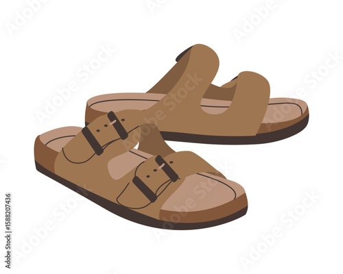 Leather beige sandals birkenstocks isolated on white background top view. Unisex summer shoes, genuine leather flip flops with cork soles. Stylish fashion summer footwear flat vector illustration.
