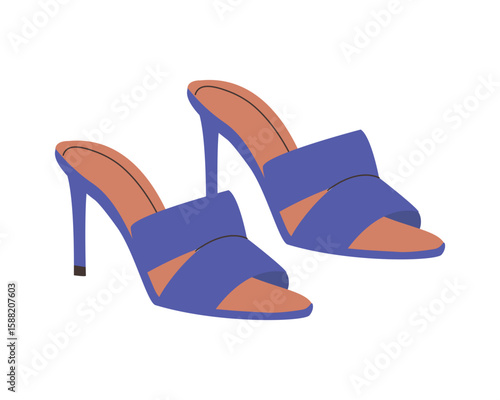 Women's elegant shoe wardrobe. Female fashion footwear, high heel blue sandals with crosswise straps, summer footgear. Flat vector illustration isolated on white background. Stylish modern design.