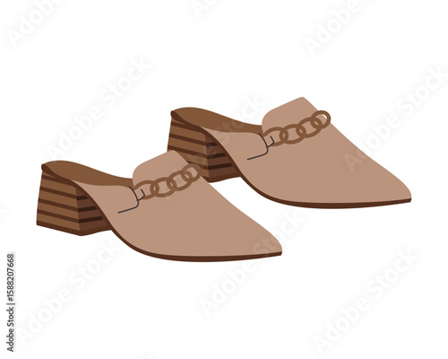 Casual women's elegant shoe wardrobe. Female fashion footwear beige sandals with heel closed-toe footgear. Colored vector illustration of women's open shoes isolated on white background. Modern design