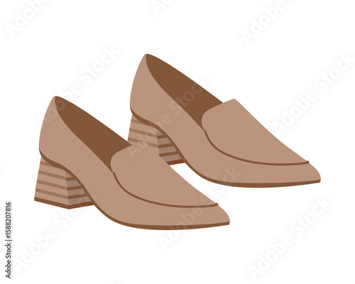 Casual women's elegant closed-toe shoe wardrobe. Female fashion footwear beige leather pointed-toe shoe with heel footgear. Pastel vector illustration of women's shoes isolated on white background.