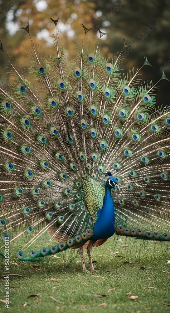 Obraz premium Majestic Peacock Displaying Vibrant Plumage on Lush Green Grass, a Stunning Emblem of Nature's Beauty and Grace in a Serene Outdoor Setting