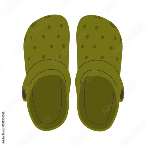Green crocs unisex slates. Colored vector illustration of women's or men's open shoes isolated on white background. Modern flop flip design. Casual shoe, sandals wardrobe. Summer closed-toe footgear.