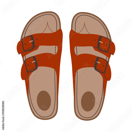 Leather red sandals birkenstocks isolated on white background top view. Unisex summer shoes, genuine leather flip flops with cork soles. Stylish fashion summer footwear flat vector illustration.