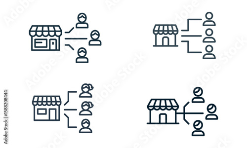 Vector icons of store connecting with multiple customers or clients in outline style
