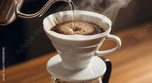 Capturing the delicate art of pour-over coffee brewing, with hot water gently saturating fresh grounds, releasing rich aromas and creating a perfect morning beverage experience