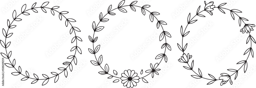 Obraz premium Three Hand Drawn Black Line Art Floral Circle Frames Botanical Wreath Elements Simple Oval Shapes Nature Design Templates