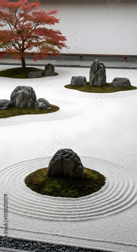 Tranquil Ryoan-ji Zen Garden in Kyoto, Japan: A Serene Landscape of Raked White Gravel and Carefully Placed Rocks, Symbolizing Peace and Contemplation