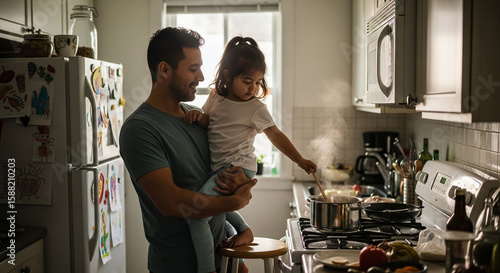 Father holding daughter while she's cooking in kitchen