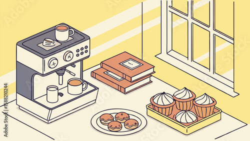 Isometric view of coffee machine with books and pastries on a table near a window in a room