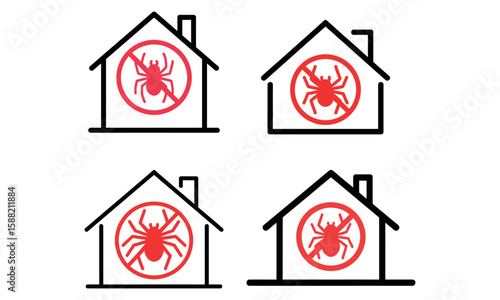 Vector icons of house with insect symbol for pest control and bug prevention
