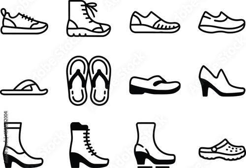 Collection of twelve different types of footwear icons in a clean black and white line art style