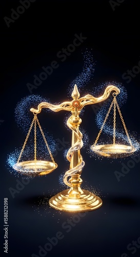 Glistening Golden Scales of Justice with Blue Sparkling Particles, Symbolizing Balance, Fairness, and Cosmic Equilibrium on a Dark Background.