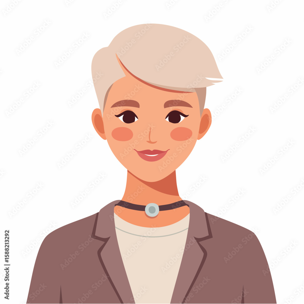 Flat avatar vector of a non-binary character with a neutral outfit and short hair, soft expression, inclusive and modern design Flat avatar vector of a non-binary character with a neutral outfit and short hair, soft expression, inclusive and modern design