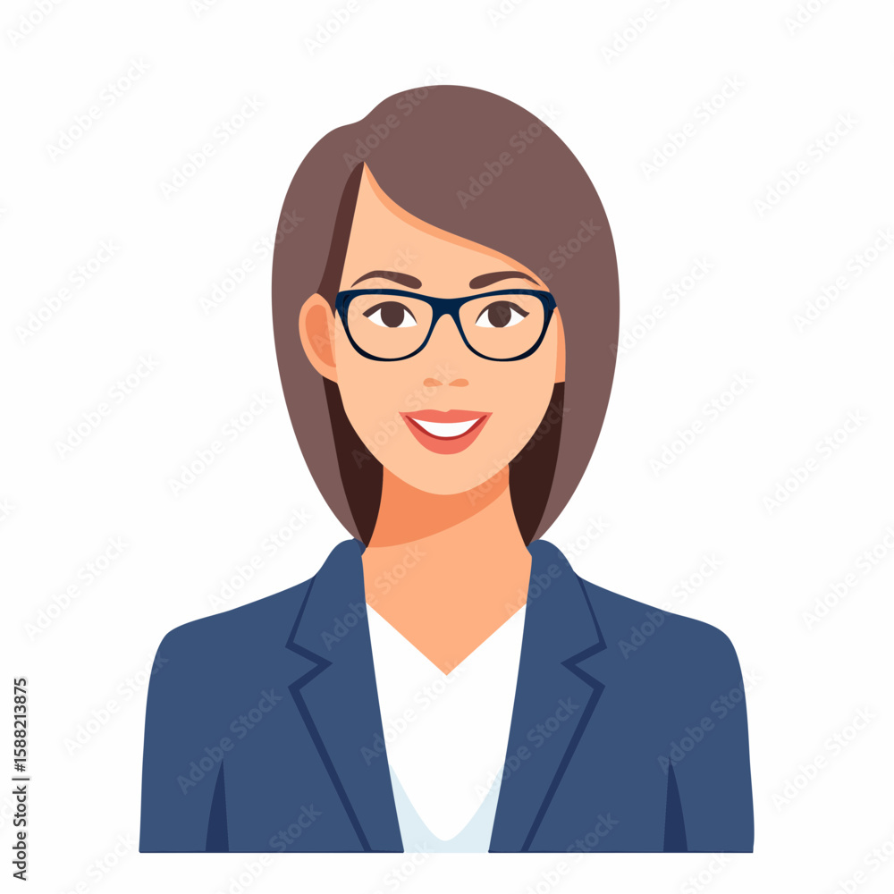 Flat vector illustration of a confident businesswoman in a blazer with glasses, simple facial features, suitable for a professional profile Flat vector illustration of a confident businesswoman in a blazer with glasses, simple facial features, suitable for a professional profile