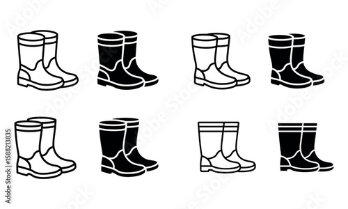 Vector icon set of rubber boots for rain and outdoor use in solid and outline styles
