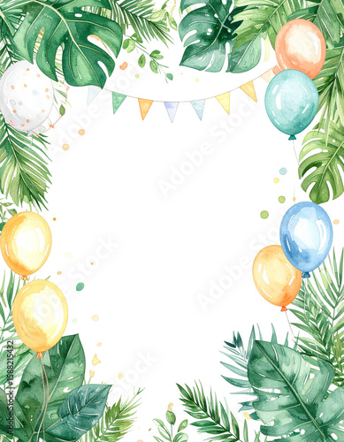 Cartoon jungle birthday frame kids, empty space, digital invitation design