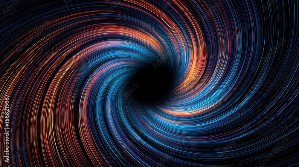 Obraz premium A vibrant, swirling vortex of multicolored light streaks converges into a dark center, creating a dynamic spiral effect on a black background.