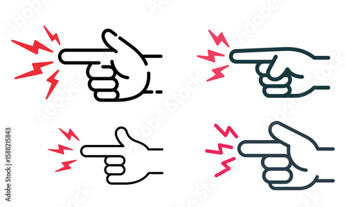 Pointing hand icons with electric zap effect in outline and color styles
