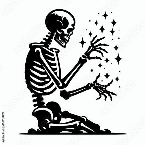 Skeleton doing a spooky magic trick. Halloween Skull Bones Clipart Line Art Vector Illustration Skeletal. Bony phantom performing eerie illusion frightful display of conjuring act.