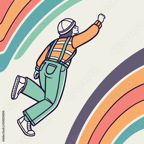 Retro Cartoon Construction Worker Soaring Through a 70s Rainbow Background Vintage Themed Illustration