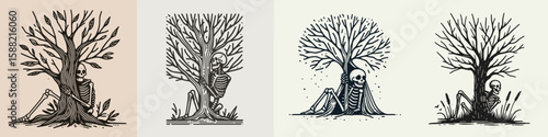 Skeleton hiding in a spooky tree. Halloween Skull Bones Clipart Line Art Vector Illustration Skeletal. Bone figure lurking inside creepy woodland trunk for celebration.