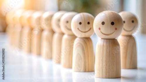Photo of a line of smiling wooden figures stand together, representing happiness and unity