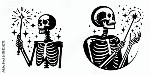 Skeleton holding a glowing wand. Halloween Skull Bones Clipart Line Art Vector Illustration Skeletal. Bony figure clutching radiant stick mystic witchcraft item.