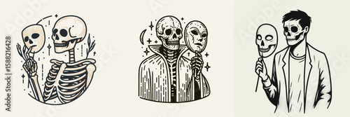 Skeleton holding a haunted mask. Halloween Skull Bones Clipart Line Art Vector Illustration Skeletal. Bony figure gripping spooky disguise creepy facial covering spectral guise.
