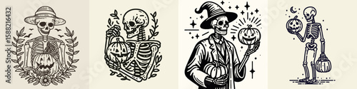 Skeleton holding a jack o lantern. Halloween Skull Bones Clipart Line Art Vector Illustration Skeletal. Bony figure carrying carved pumpkin night symbol.