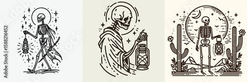 Skeleton holding a lantern. Halloween Skull Bones Clipart Line Art Vector Illustration Skeletal. Bony figure keeping lamp deceased form carrying light.