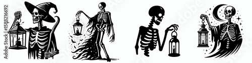 Skeleton holding a spooky lantern. Halloween Skull Bones Clipart Line Art Vector Illustration Skeletal. Bony figure with scary lamp for creepy night concept.