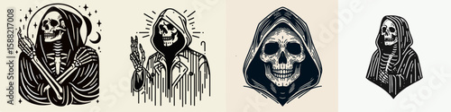 Skeleton in a dark cloak. Halloween Skull Bones Clipart Line Art Vector Illustration Skeletal. Bony figure dim garb death image spooky horror concept macabre theme.