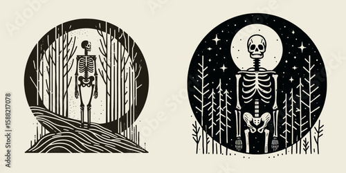Skeleton in a dark forest. Halloween Skull Bones Clipart Line Art Vector Illustration Skeletal. Bony figure amid shadowy woodland spooky panorama image scary theme.