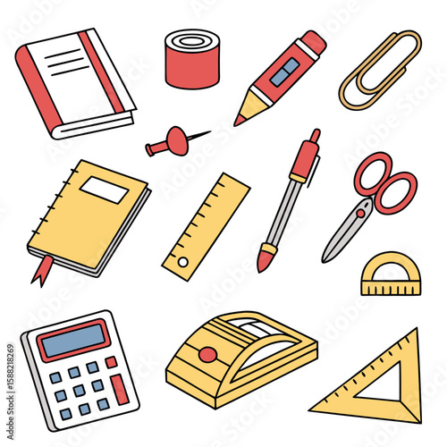 Colorful School Supplies Illustration Featuring Notebooks, Rulers, Calculator, and More for Educational and Creative Projects with Vibrant Colors