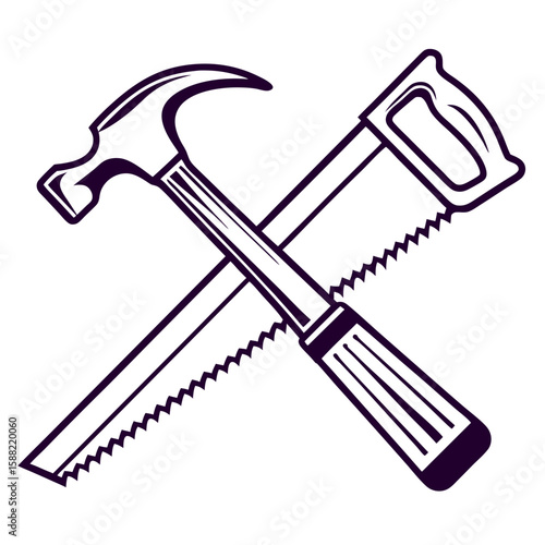 Crossed Hand Saw and Claw Hammer Outline Icon For Carpentry Services Design