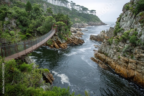 Garden Route South Africa. Suspension Bridge over Storm River Mouth with Scenic Copy Space