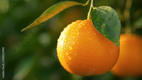 Closeup of a ripe orange covered in water droplets hanging on a branch among green leaves