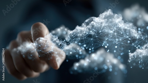 Reaching for the Cloud: A hand elegantly touches and interacts with the ethereal beauty of a digital cloud, symbolizing connection, innovation, and the limitless potential of technology.